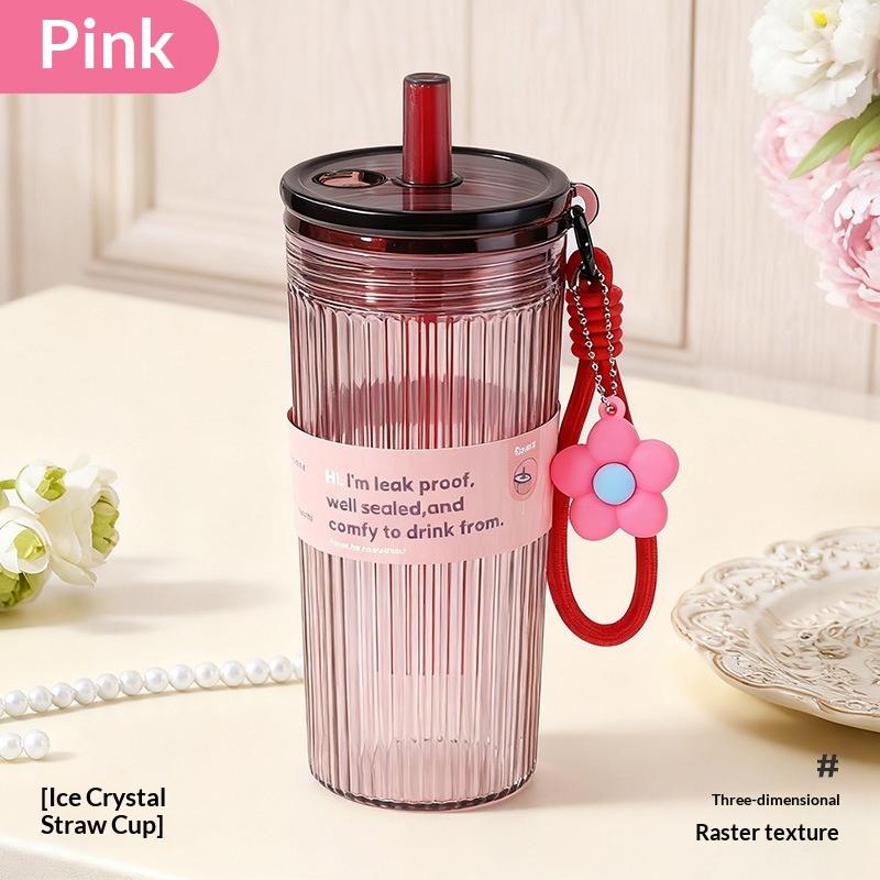 700Ml Large Capacity Summer Plastic Straw Cup Leak Proof With Flower Pendant Lid Rope Transparent