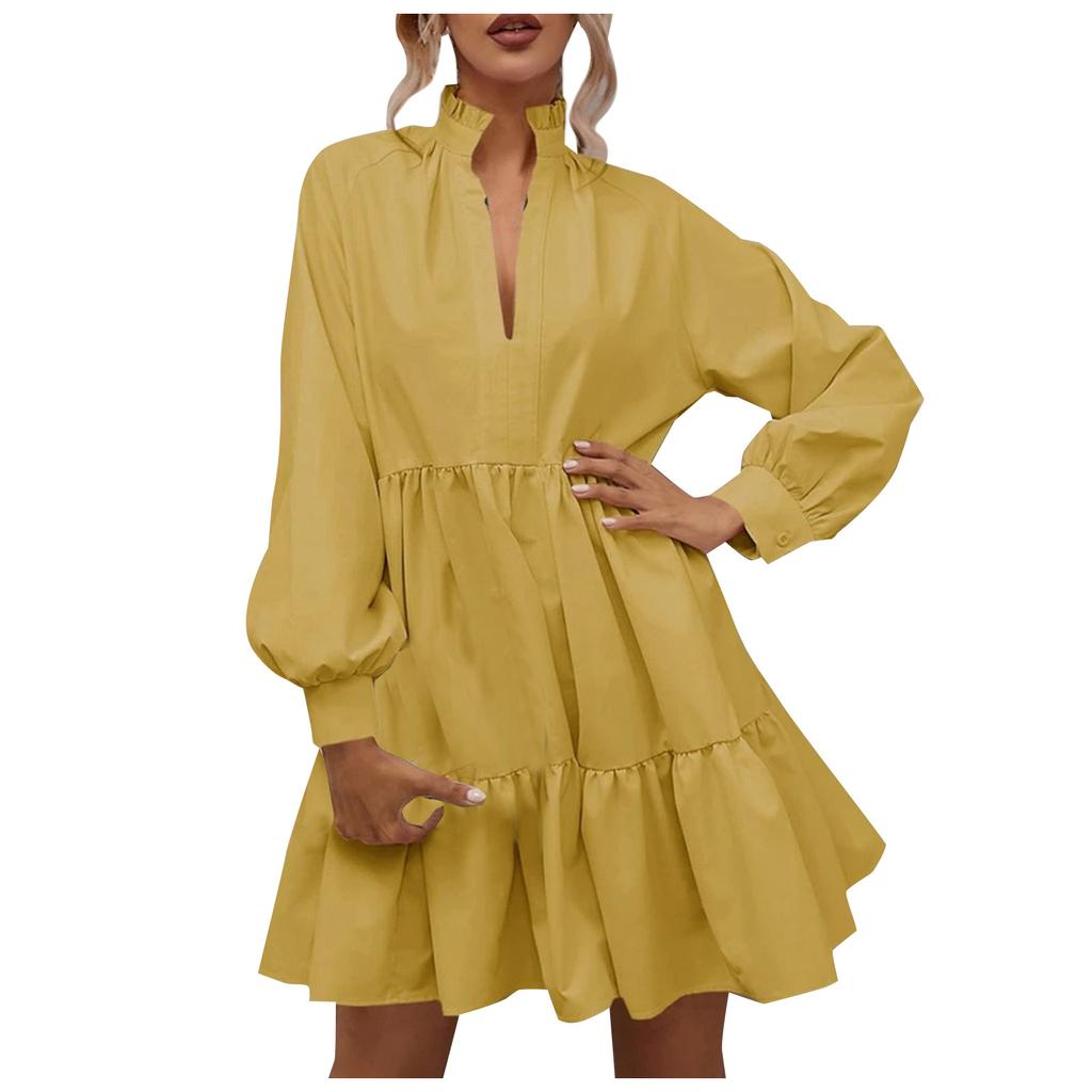 ქალის ყოველდღიური, მოდური, ერთფეროვანი, V-ყელიანი, გრძელმკლავიანი, ფრიალა ნაკერით, დიდი, A-ხაზის კაბა