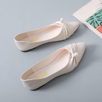 Shoes for Women Slip-on Pearl Low Heel Elegant Pointed Toe Woman Flats Stylish Lastest Genuine Mark Offer Korean Style Promotion