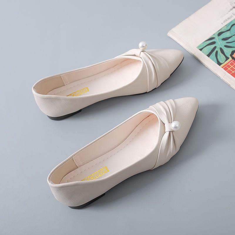 Shoes for Women Slip-on Pearl Low Heel Elegant Pointed Toe Woman Flats Stylish Lastest Genuine Mark Offer Korean Style Promotion