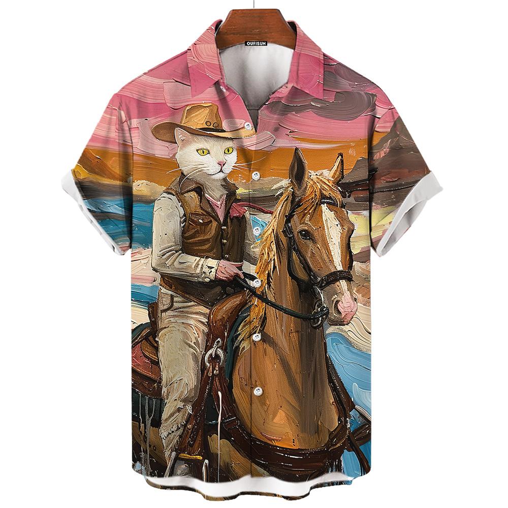 

Картина маслом, вестерн, кот, ковбой, верховая езда, принт, летняя мода, мужская рубашка с коротким рукавом, мужская рубашка для путешествий и отпуска, большой топ 3XL