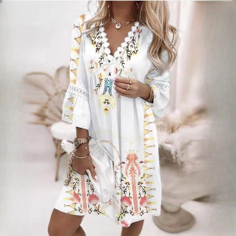 IHUASU Women's Spring V-neck Printed Lace Splicing Bohemian Style Casual Holiday Style Dresses