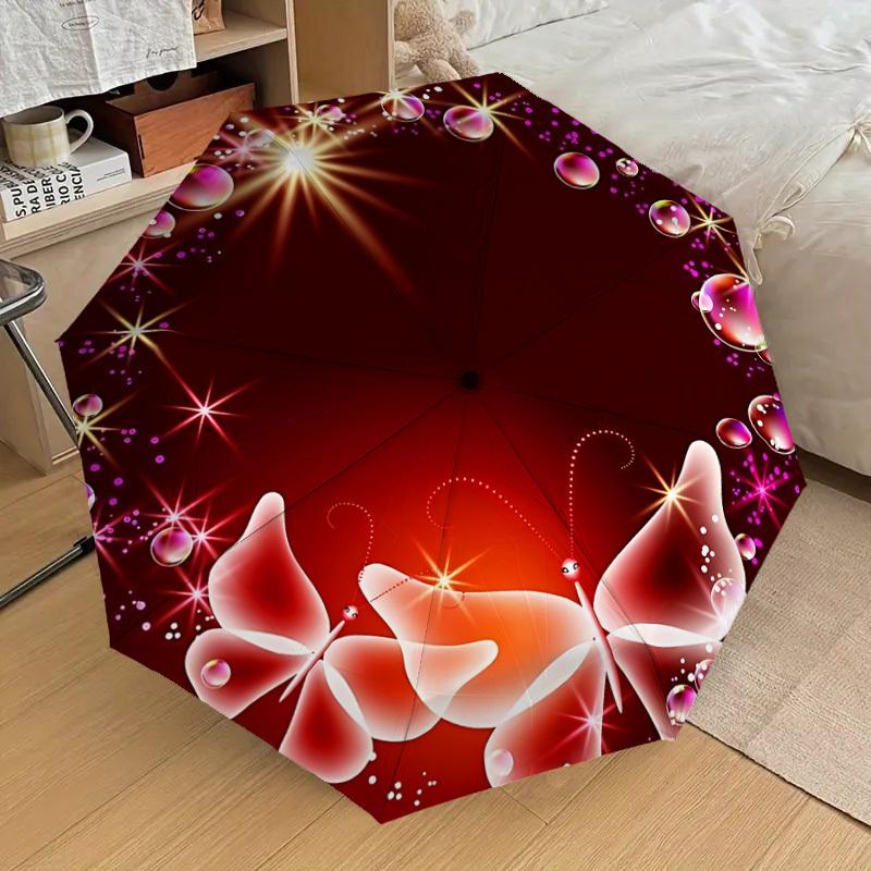 

1pc Butterfly Sparkle Decorative Fashionable Automatic Opening/Closing Folding Umbrella with 8 Iron Bones, Plastic Handle yy251015024