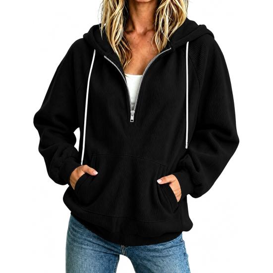 Comfortable Loungewear Top Womens Quarter Zip Hoodie, Oversized Loose Fit Long Sleeve Sweatshirt with Full Corduroy Hoodie Drawstring Hood Kangaroo