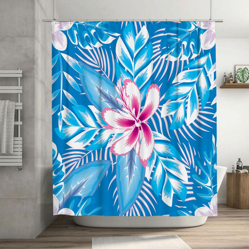 Colorful Bath Curtain featuring Tropical Flowers Blue and White Shower Fabric for Bathroom Decor