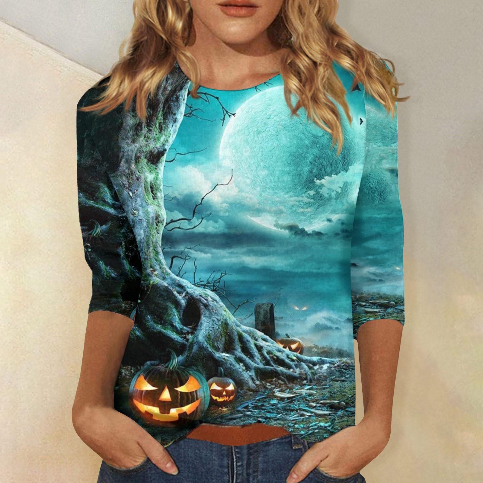 

Женская модная повседневная свободная футболка с круглым вырезом и рукавами 3/4 на Хэллоуин, женский топ S