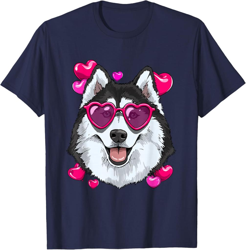 Husky Dog Heart Sunglasses Valentines Day Graphic Tee Soft Cotton Casual Short Sleeve Shirt