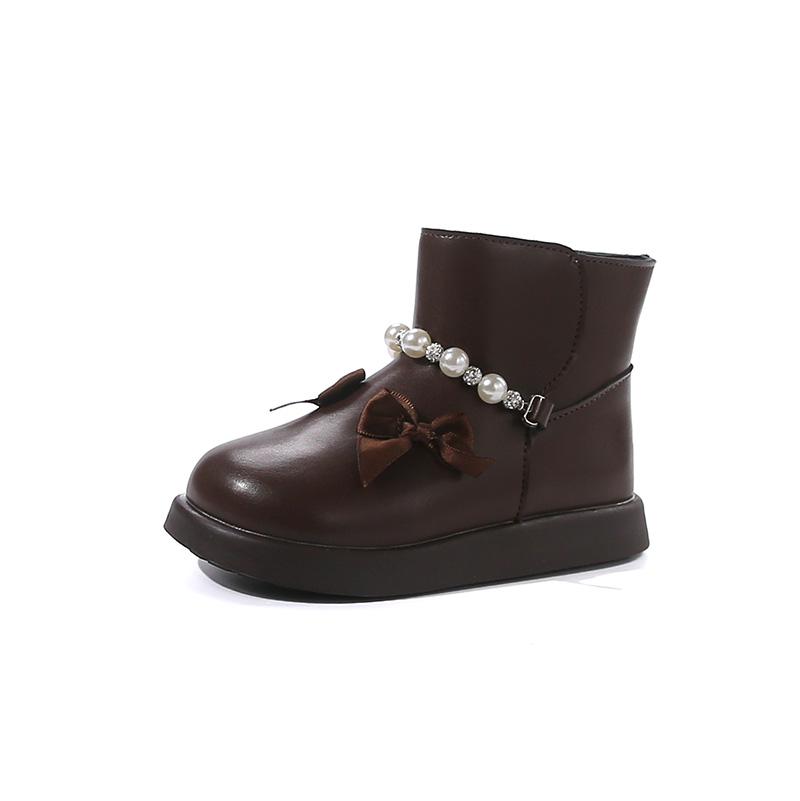 Girls  Vintage Leather Boots Autumn  Side Zipper Chiffon Bow Princess Ankle Boots With Pearl Decoration 23 коричневый