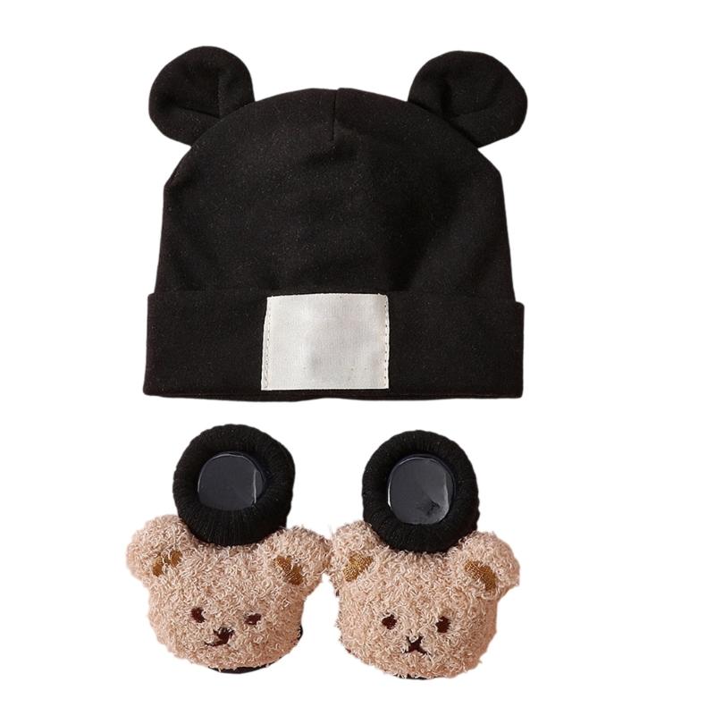 Atmungsaktive Babymütze mit Ohrenmuster und Socken Elastische Baumwoll-Polyester-Mischung Sanft zu empfindlicher Haut Sicherer Sitz für Säuglinge