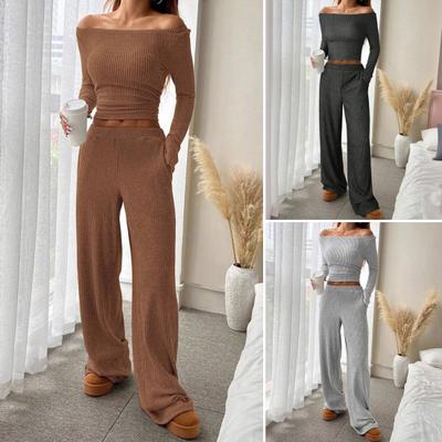 Women's 2 Piece Outfits Fall Casual Boat Neck Long Sleeve Ribbed Top Wide Leg Pants Matching Lounge Set
