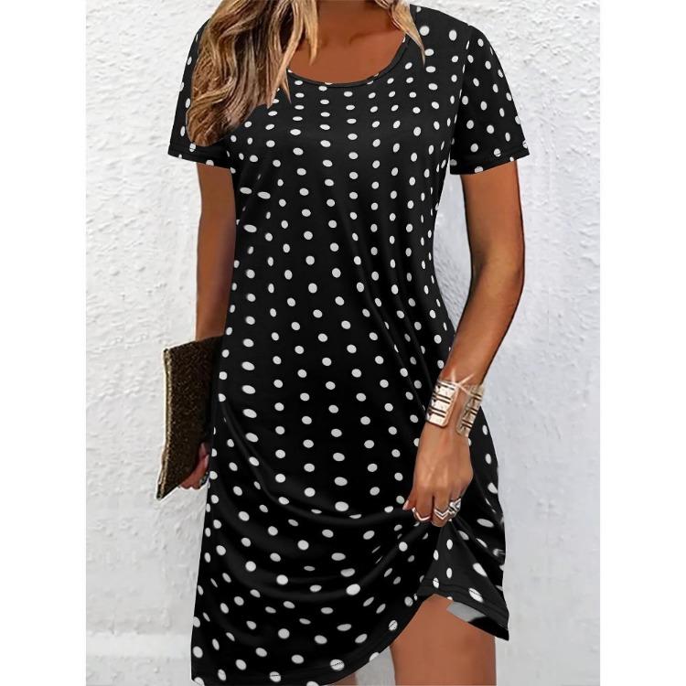 Breathable Round Neck Short Sleeve Elegant All Over T Shirt Dress XS