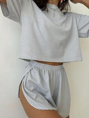 2025 Women's Summer Striped Short-Sleeve Elastic Waist Shorts & Top Set for Comfort