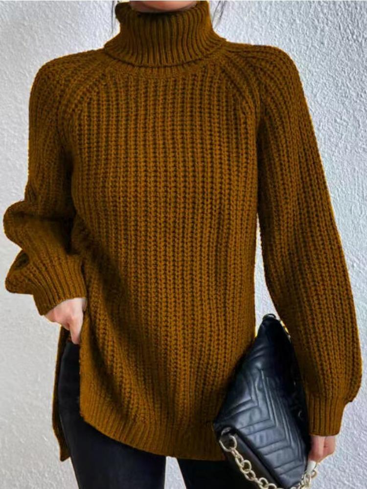 Autumn Winter Knitwear Mid Length Raglan Sleeve High Collar Split Hem Sweater Dress Luxurious Relaxed-fit Slimming and Versatile Top
