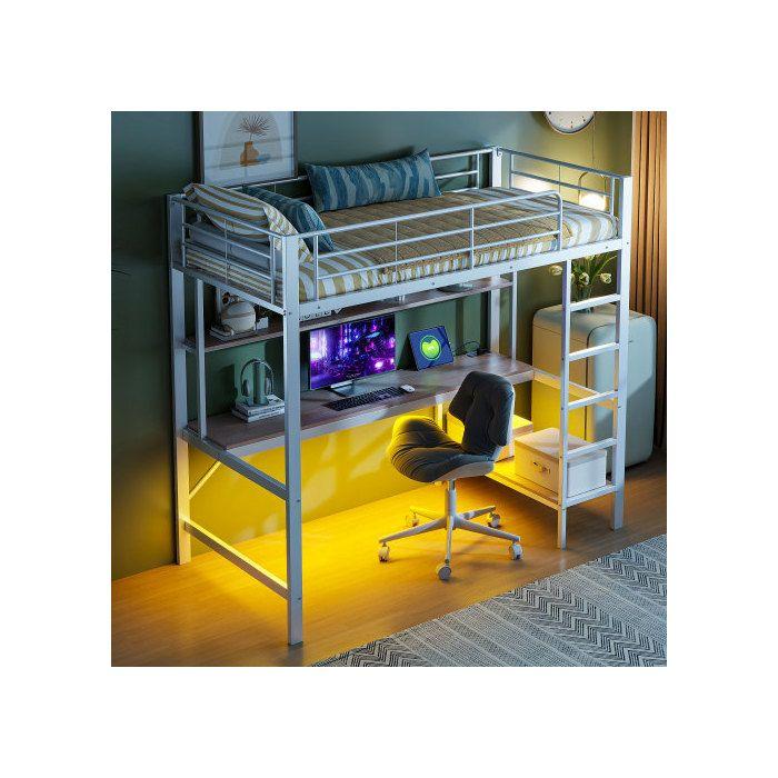 Lit mezzanine - MUVOE - 90x200 cm - Blanc - Prises USB et électrique - Éclairage 7 couleurs