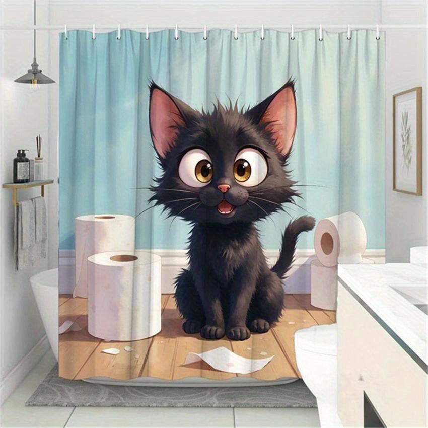 

Playful Black Cat Shower Curtain With Toilet Paper Rolls – Funny Cartoon Design, Light Blue Bathroom Decor W60H190(CM)-1 Pcs