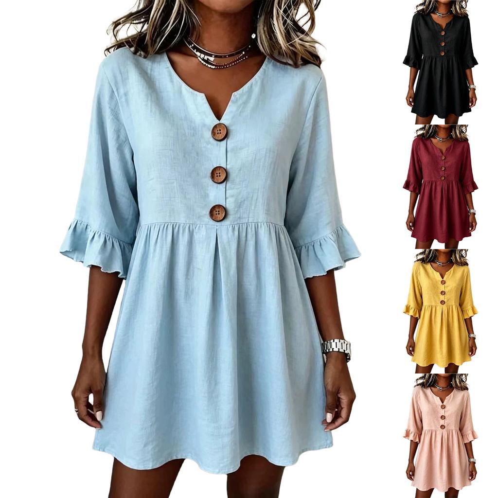Women's Color V-Neck Half Sleeve Loose Fit Casual Dress for Work Commute