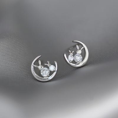 Flash Diamond Cute Mini Jade Rabbit Earrings Women's Japanese and Korean Cute Fresh Personality Student Rabbit Earrings On the Moon