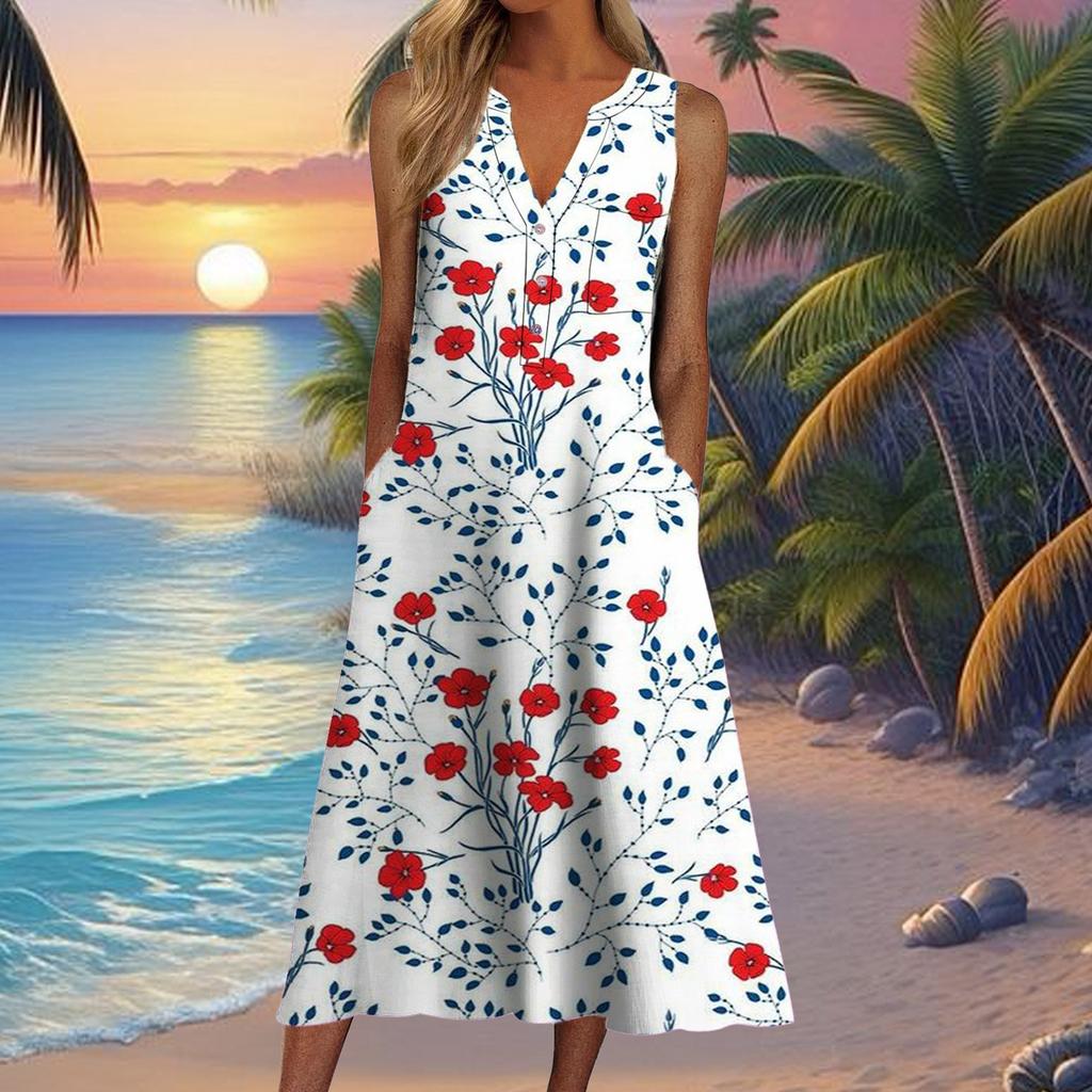 European and American summer new women's clothing, fashionable pocket V-neck striped sleeveless casual dress