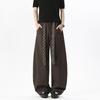 American Retro Dark Brown Plaid Ribbon Curved Blade Loose Casual Long Trousers For Men
