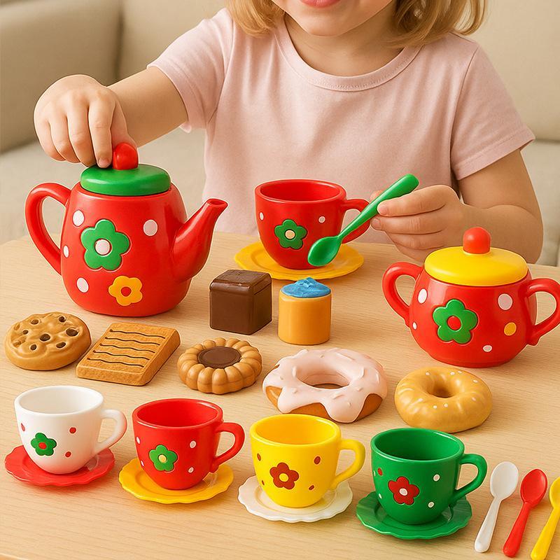 24Pcs Kids Play Kitchen Tea Set Girls Pretend Afternoon Tea Toy for Playhouse Party Dress Up Games one size