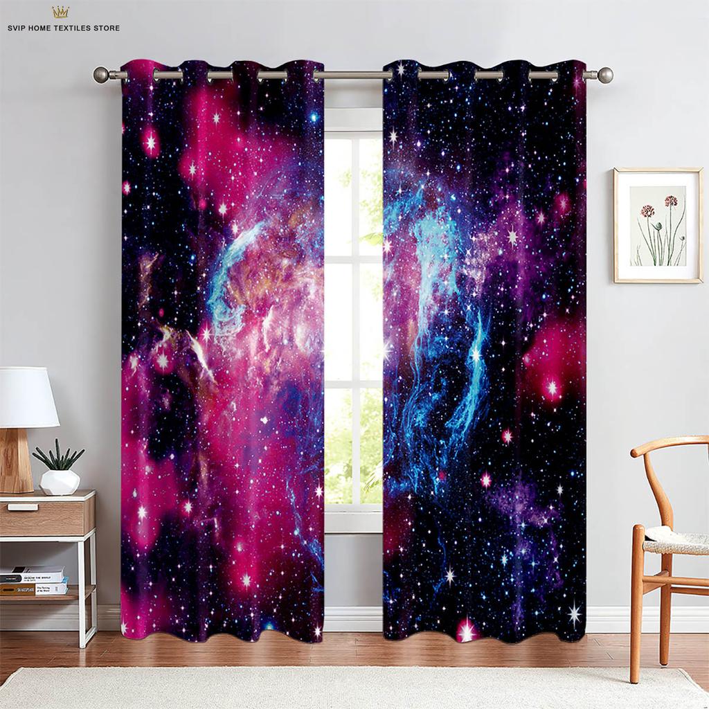 Dreamy Starry Sky Galaxy 3D Printed Curtains, Blackout, Heat Insulation, Living Room, Study, Bedroom, Home Decoration, 2 Pcs