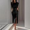 Cross-border Europe, America and  Amazon Fashion Apricot Round Neck Waist Split Button Summer Dress Women
