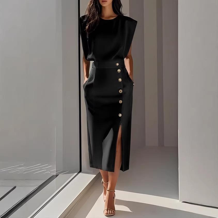 Cross-border Europe, America and  Amazon Fashion Apricot Round Neck Waist Split Button Summer Dress Women