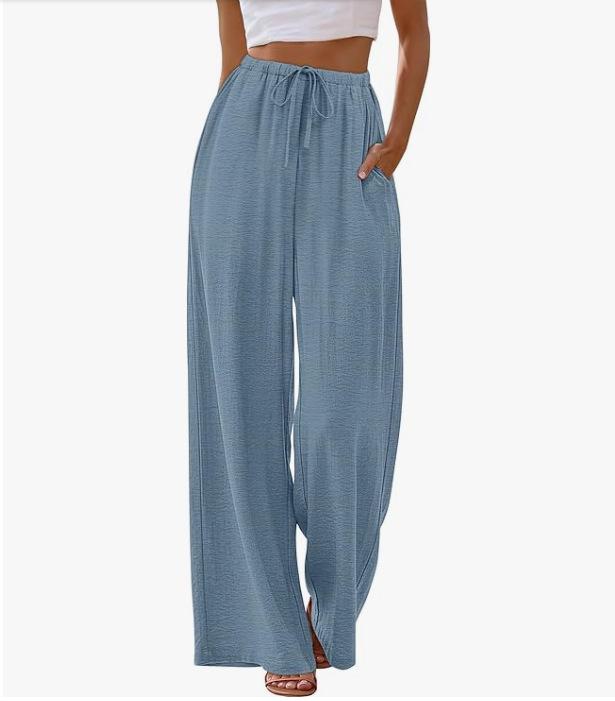 

2026 Spring/Summer Women s Casual Wide-Leg Pants with Elastic Waistband & Pockets XL светло-синий