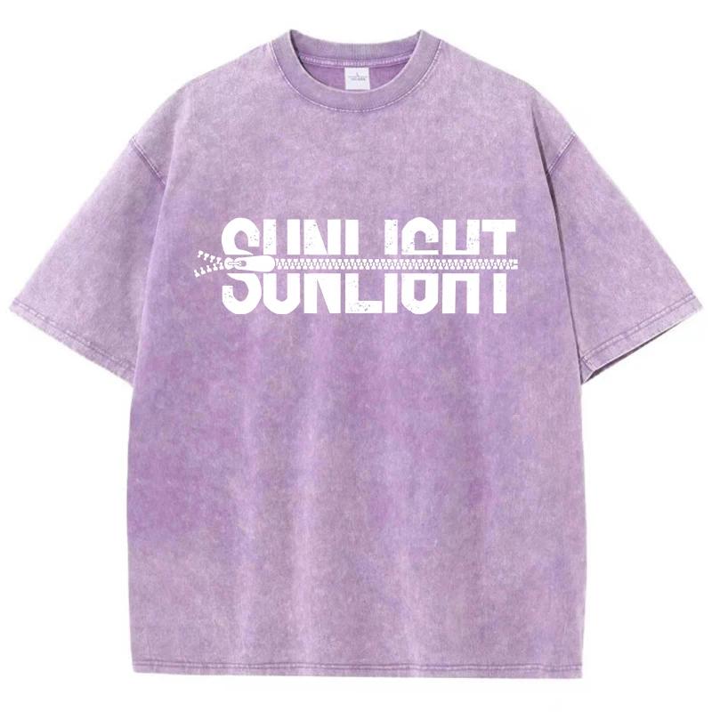 Sunlight Cotton Washed T Shirts Women Zipper Pattern Prints T-Shirts Distressed Oversized O-Neck Tops Womans Streetwear