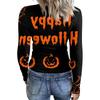 Women's Casual Ribbed Long Sleeve Top Halloween Print Round Neck Slim Fit Stretchy Knit Shirt for Fall Seasonal Wear