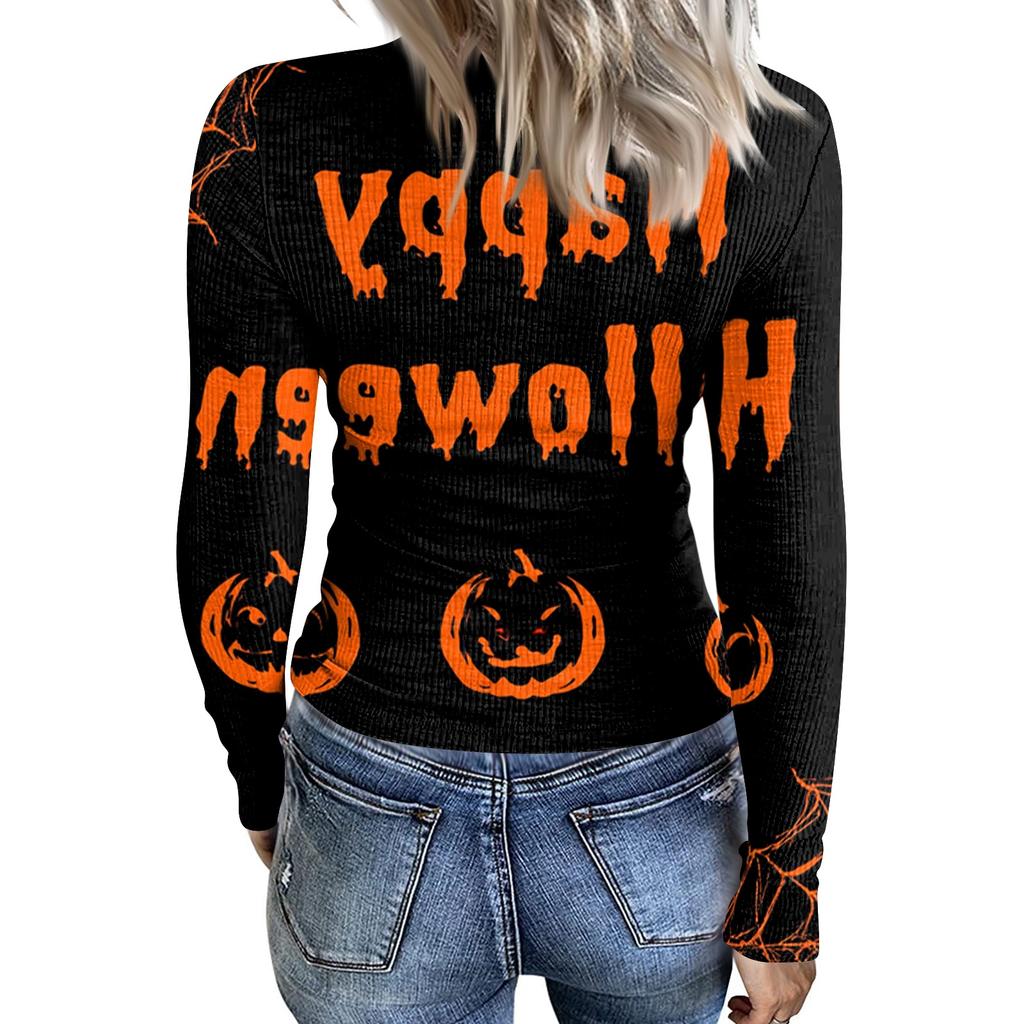 Women's Casual Ribbed Long Sleeve Top Halloween Print Round Neck Slim Fit Stretchy Knit Shirt for Fall Seasonal Wear