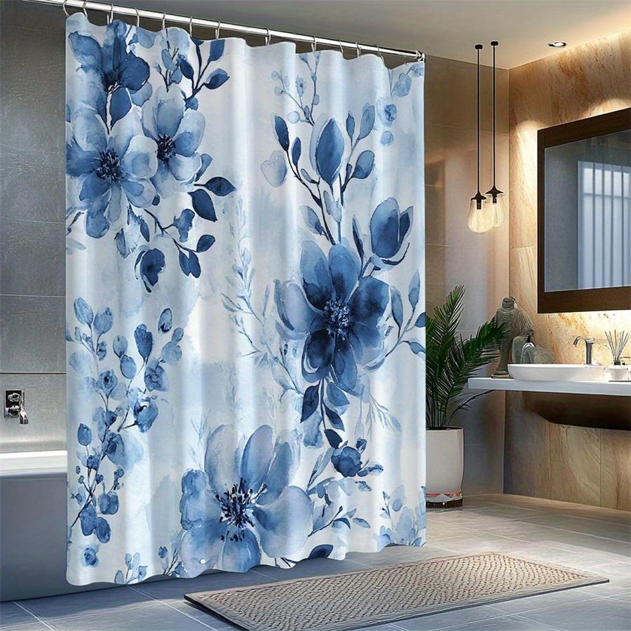 1pc Blue and white floral patterned shower curtain, polyester fabric, machine washable, suitable for bathroom décor.