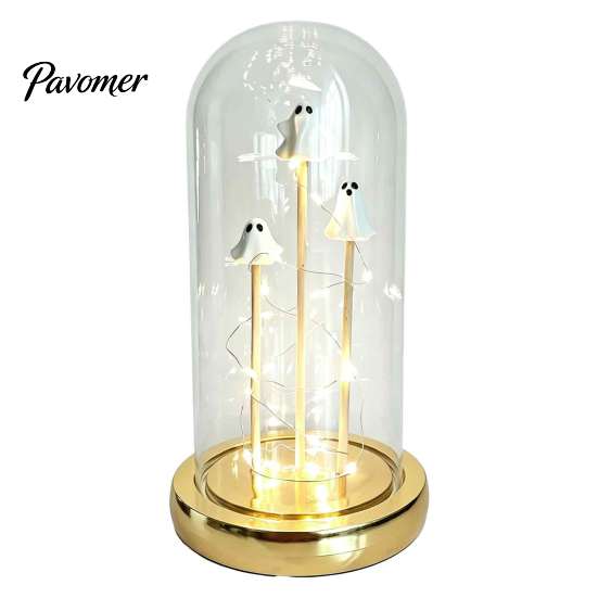Festival Theme Decoration Halloween Indoor Light Up Ghost in Dome Cloche, Cute 3 Mini Figurine Party Supplies Night with Warm LED for Home Table