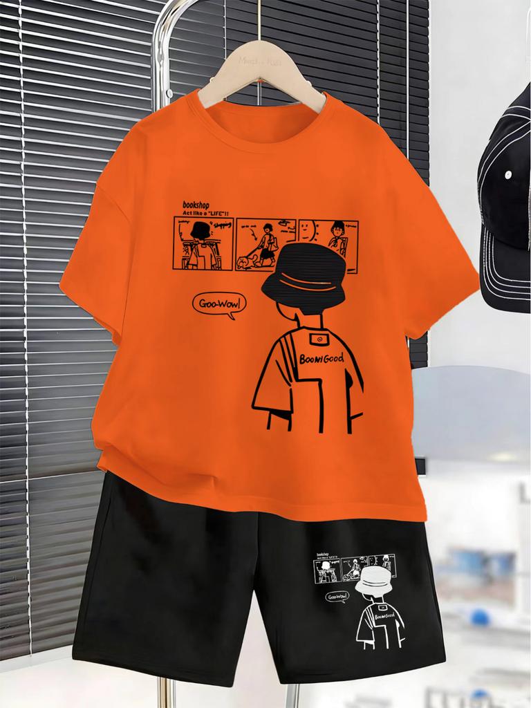 Boys Short Sleeve Suit Summer New Cartoon Style Teenager Back Print Children T-shirt Shorts Two Sets