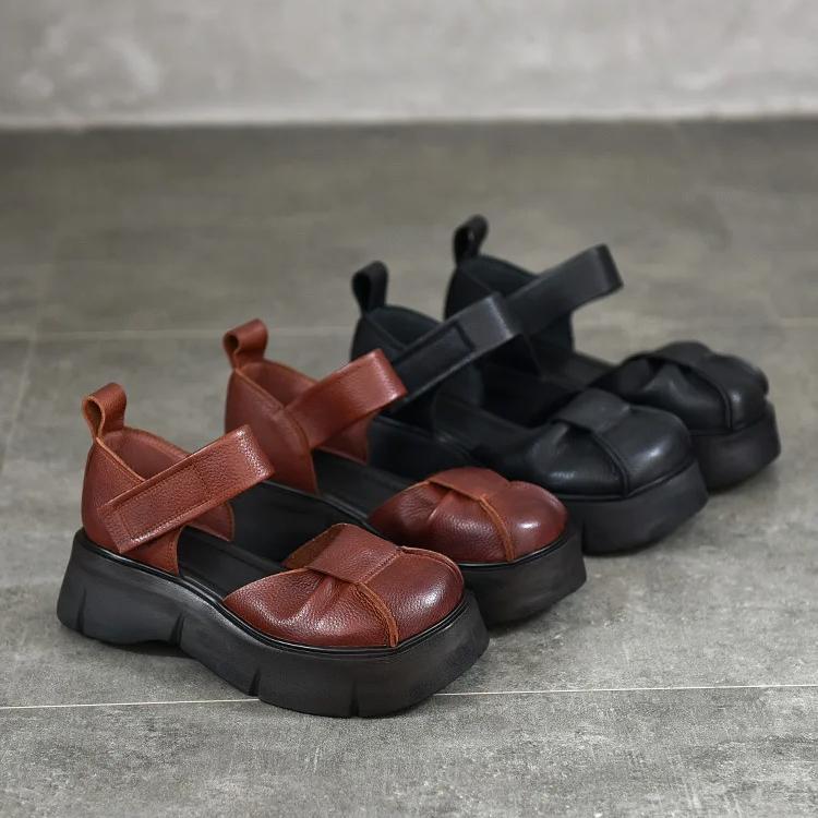 Johnature Retro Lightweight Thick Soled Sandals Genuine Leather Roman Women's Platform Shoes