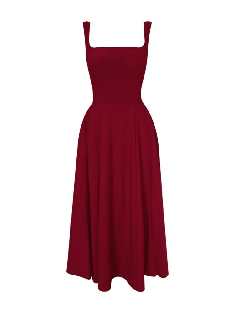 Elegant French Style Acetate Crinkled Strappy Long Dress for Mature Women