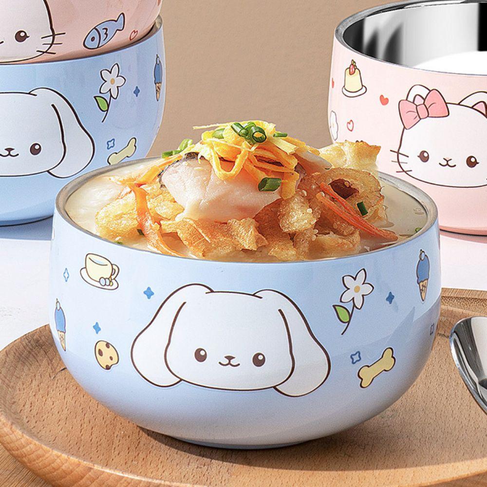 Cartoon Pattern Ramen Bowl Double Layer Rice Bowl Kawaii Stainless Steel Children's Bowl  Soup