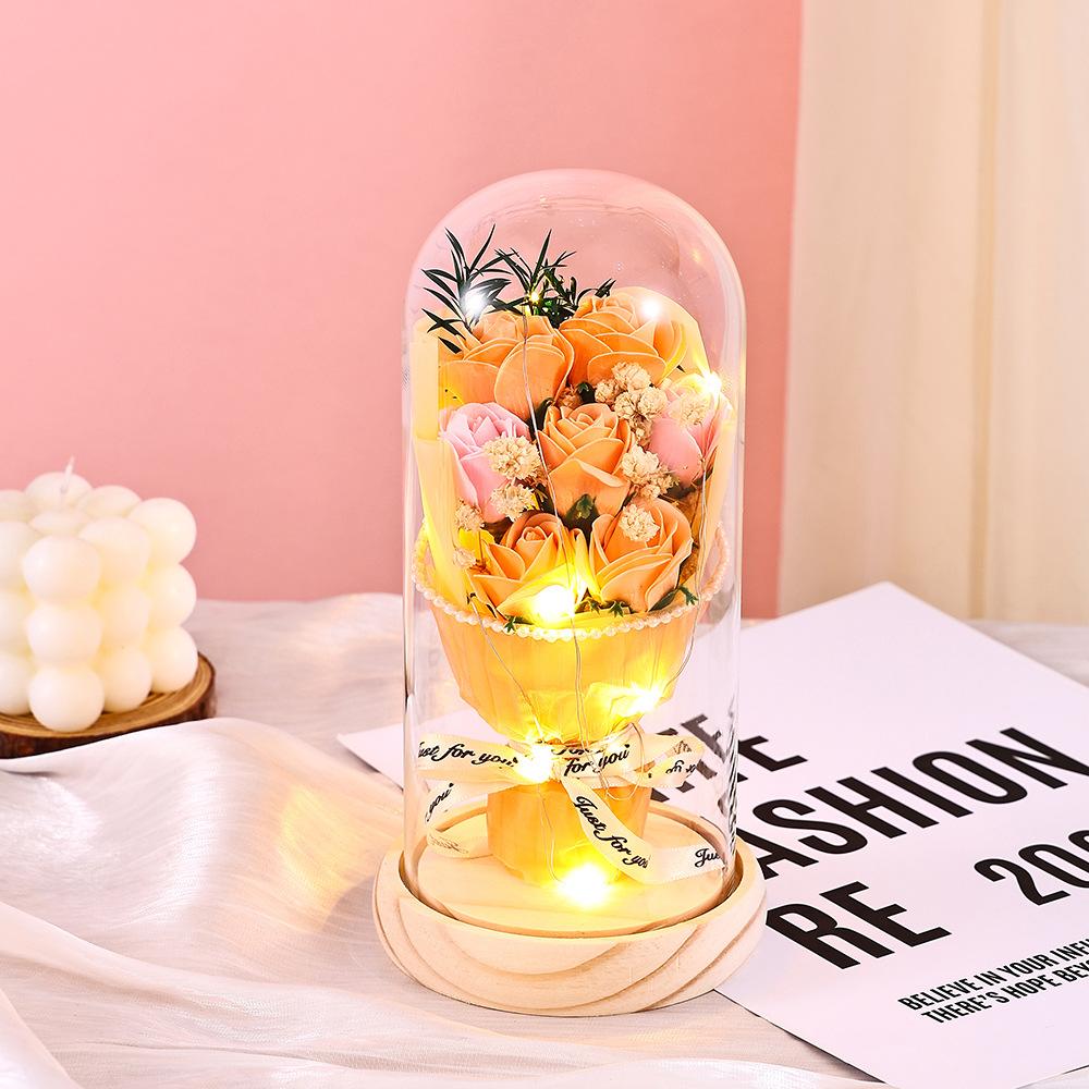 Qixi Festival Valentine's Day Gift Log Base Immortal Rose Glass Cover Creative Soap Flower Gift