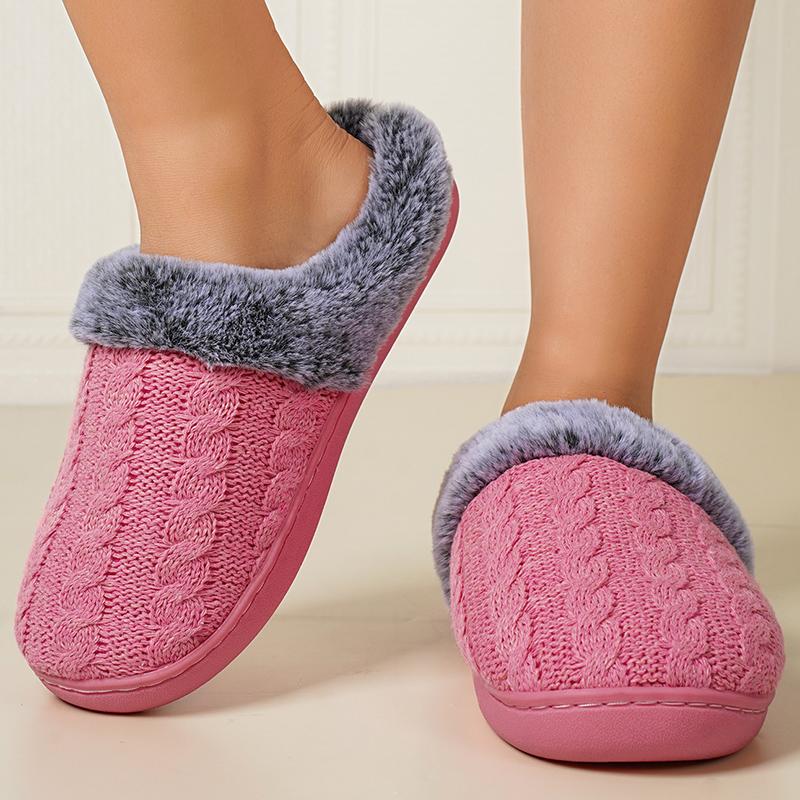 Mode Komfort Strick Baumwollpantoffeln für Damen Kunstfell Warme Zuhause Plüschpantoffeln Frau Winter Leicht Rutschfest Baumwoll-Sandalen Damen