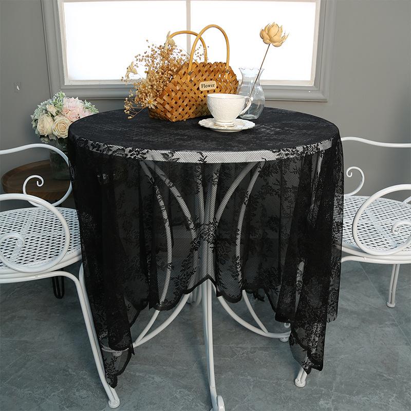Retro Hollow Warp Knitted White Black Lace Tablecloth American Household Rectangle Dining Table Mat Cover