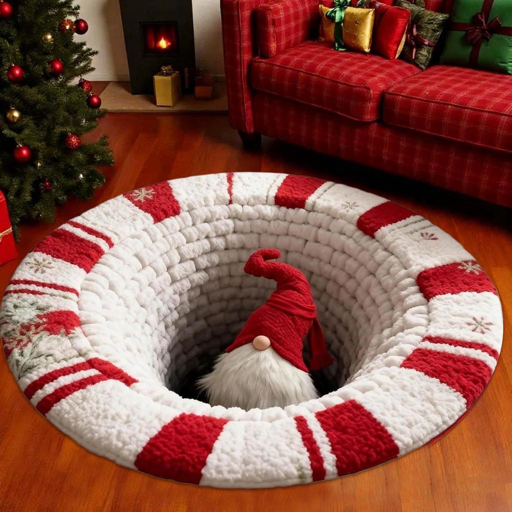 2D Flat Christmas Carpet 3D Visual Optical Illusion Rugs Non-slip Christmas Floor Mat Decor Optical Illusion Gnome Round Rugs