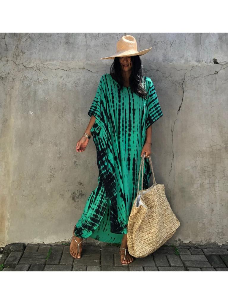 EDOLYNSA 2025 Casual Plus Size Kaftan Women's Tie-Dye Retro V-Neck Batwing Sleeve Long Dress Sexy Beach Swimsuit Cover-Up Q1218-730-15