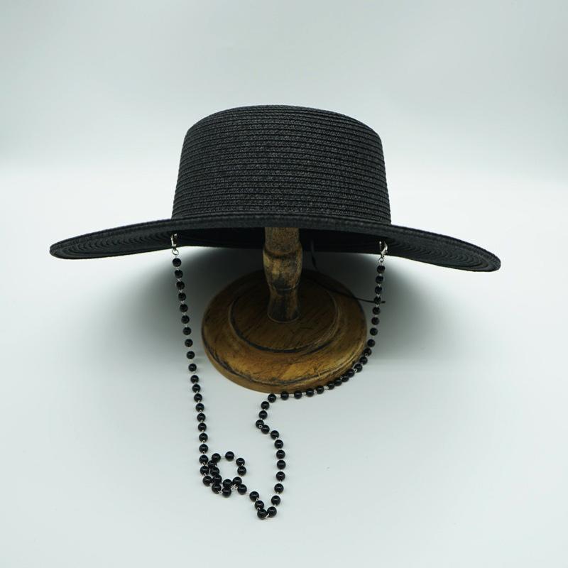 Street Shot Black Pearl Chain Flat Top Top Top Hat Women'S Summer French Retro European And American Wide Brim Sunscreen Straw Hat Foreign Trade Ins