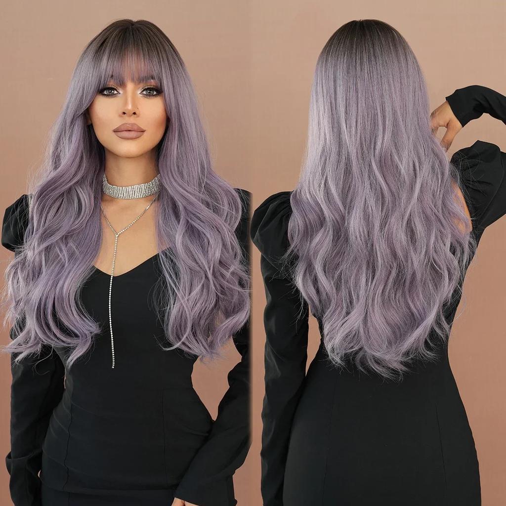 Professional  Loose Long Body Wavy Orange Wig for Women Daily Use Fashion Synthetic LightOrange Curly Hair Wigs with Bangs High Density 28Inch