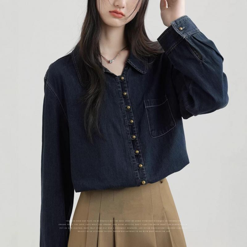 2026 Spring and Autumn New Style POLO Collar Vintage Long Sleeve Denim Shirt for Women, Loose Fit Shirt Jacket