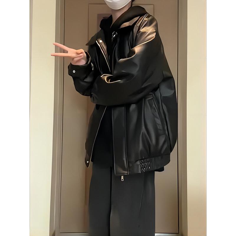 

Men s High-End Black PU Leather Motorcycle Jacket - Spring/Autumn Streetwear Baseball Style 3XL (165-180 kg)