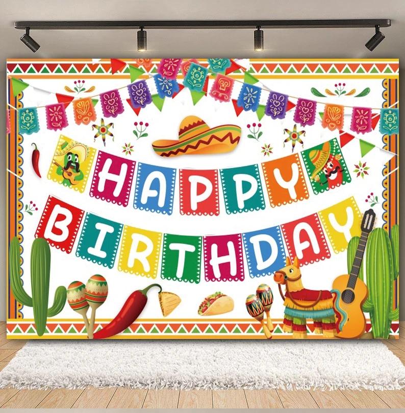 May 5th Mexican Festival Cactus Themed Banner Backdrop Colorful Flags Children Party Birthday Decoration Photography Backdrop