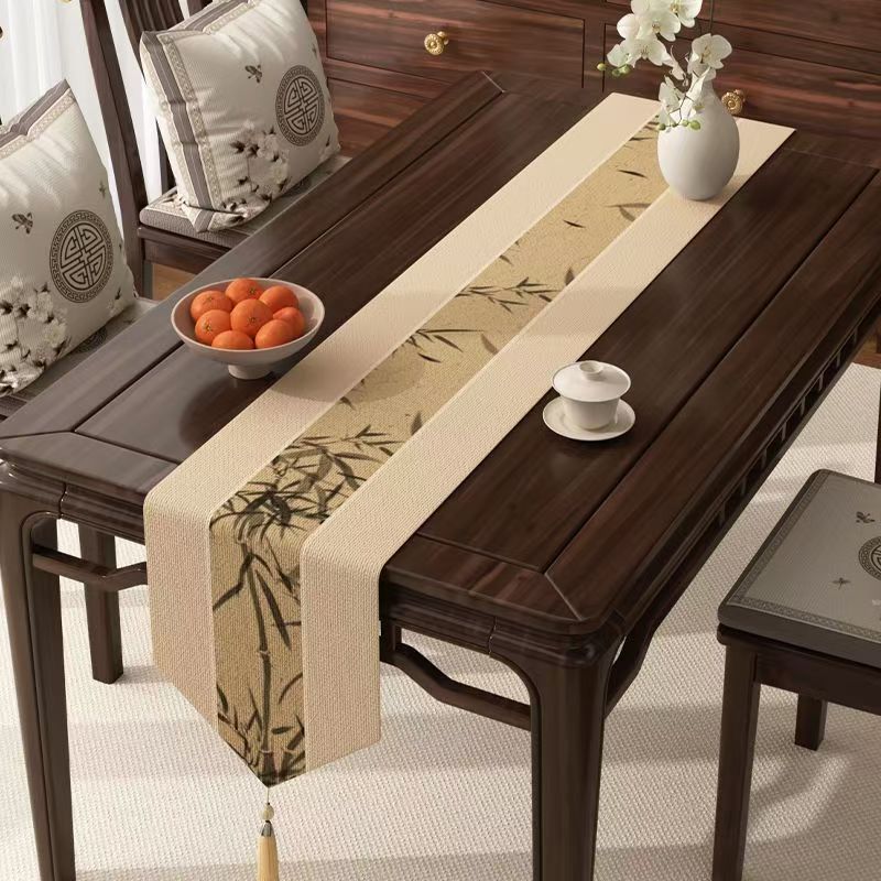 Chinese Style Table Flag Waterproof Oil Resistant Tassel Table Runner Tea House Tea Towels Zen Tea Table Cloth Hotel Bed Flag