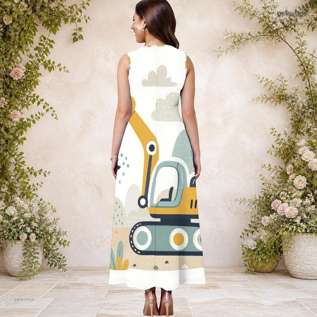 Women Plus Size Round Neck Sleeveless Cartoon Construction Vehicle Printed A Line Long Dress With Pockets