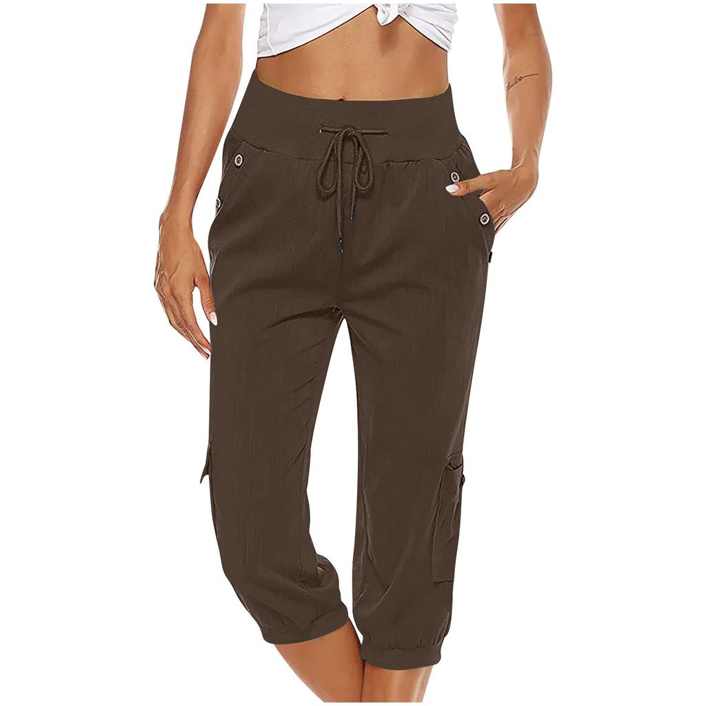 Women Drawstring Waist Loose Fit Cargo Capri Pants Wide Leg Straight Leg Casual Trousers with Pockets